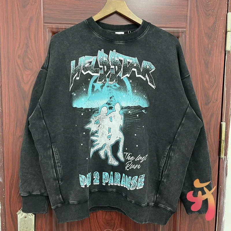 

Winter Hellstar Pullover Vintage Washed Slogan Men Women Running Flame Loose Round Neck Pullover High Street Pocket Sweatshirts