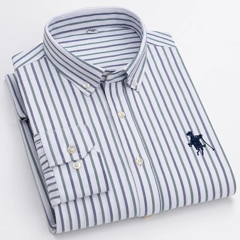 S~6XL Men\'s Long Sleeve Striped Plaid Casual Shirt Cotton Oxford Shirt Men\'s Pocket Regular Fit Button Work Shirt