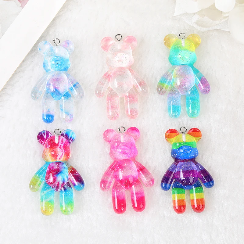 

10Pcs 28*45MM Rainbow Violent Bear Charms Gradient Flatback Resin Jewlery Findings For Necklace Pendant Keychain Diy Making