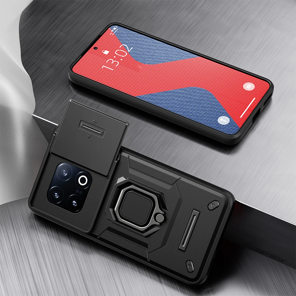 Shockproof Armor Phone Case with Slide Camera Lens Protection and Ring Stand