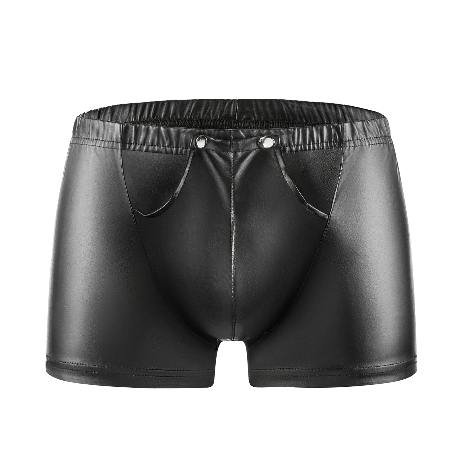 Mens Sexy Button Open Crotch Boxer Soft Leather Short Pants Fetish Lingerie Crotchless Male Bottom Bulge Pouch