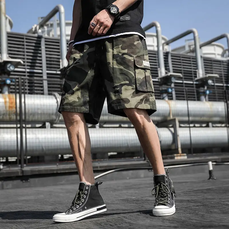 2023 summer camouflage Waist drawstring Pockets knee length pants man american style fashion Loose Casual cotton motion shorts