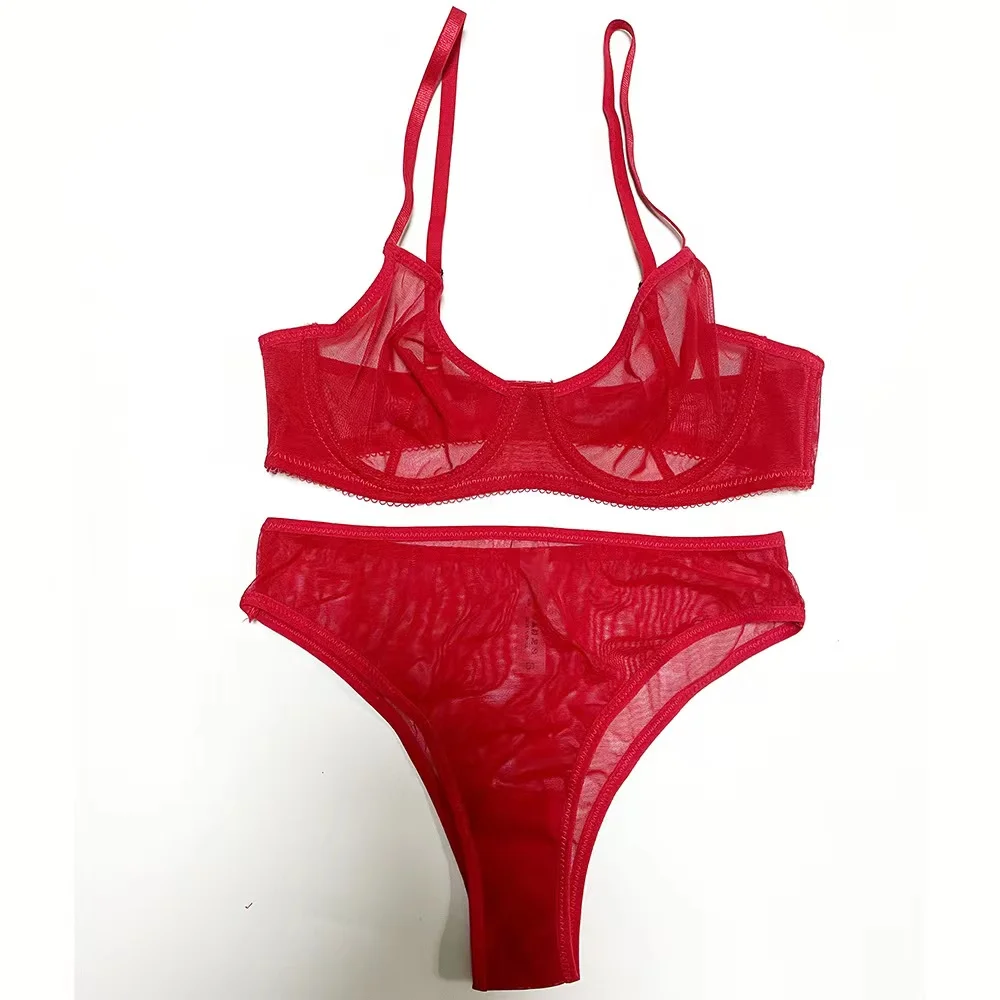 Sexy lace mesh see-through bra briefs set triangle cup small chest gathered bra steel ring women's lingerie two-piece bralette