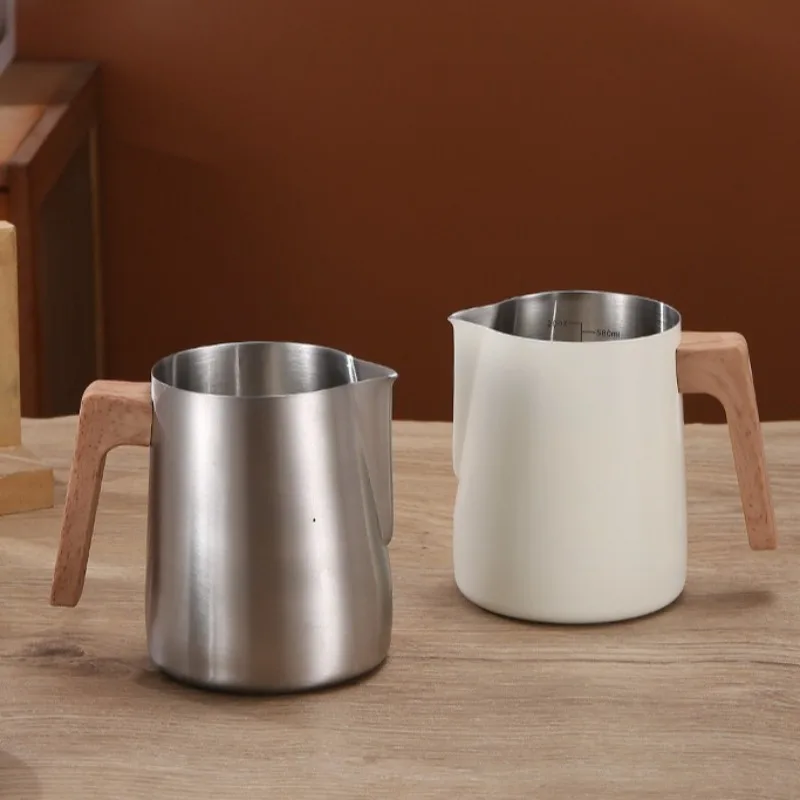 Coffee Milk Frothing Pitcher Jug 304 Stainless Steel Precision Scale Anti-scald Wood Grain Handle Professional Coffee Utensils