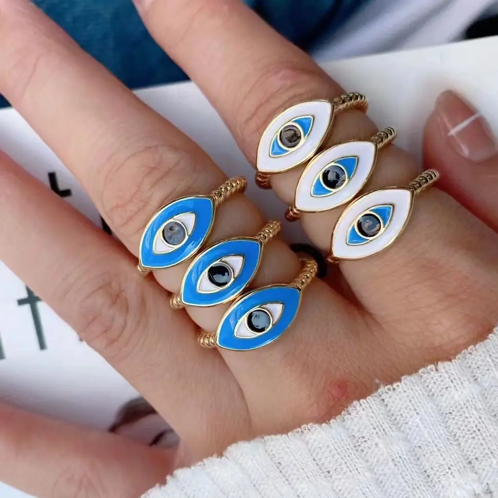 

10Pcs Latest Eye Ring, Blue White Enamel Adjustable Ring, Gold Open Stackable Ring,Women Exquisite Rings