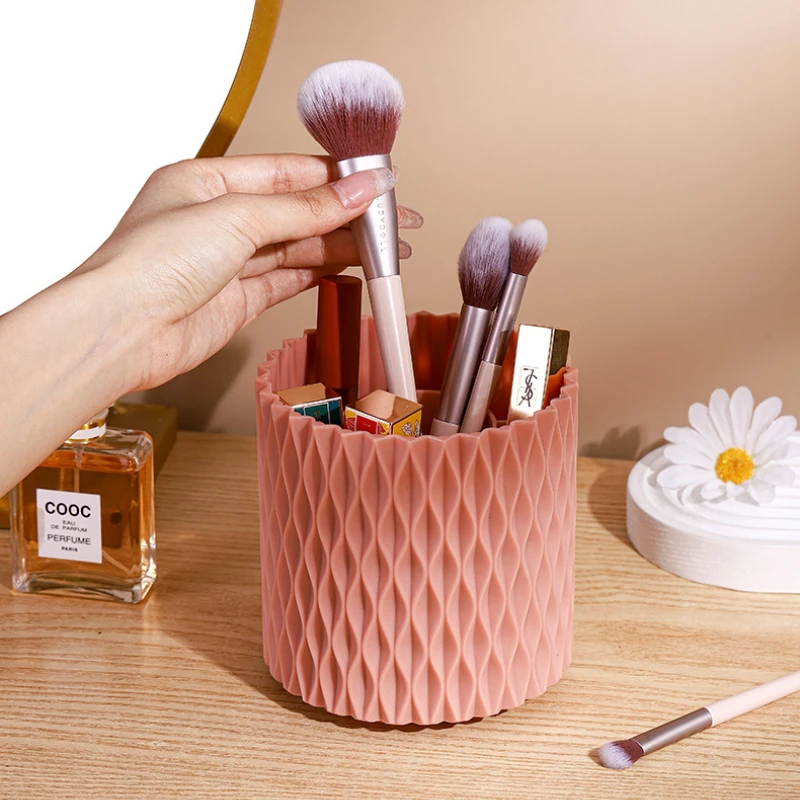 1pc 360° Rotating Makeup Brush Holder - Multi-Functional Dresser/Desk Beauty Box for Student & Pencil Storage - White and Pink 5