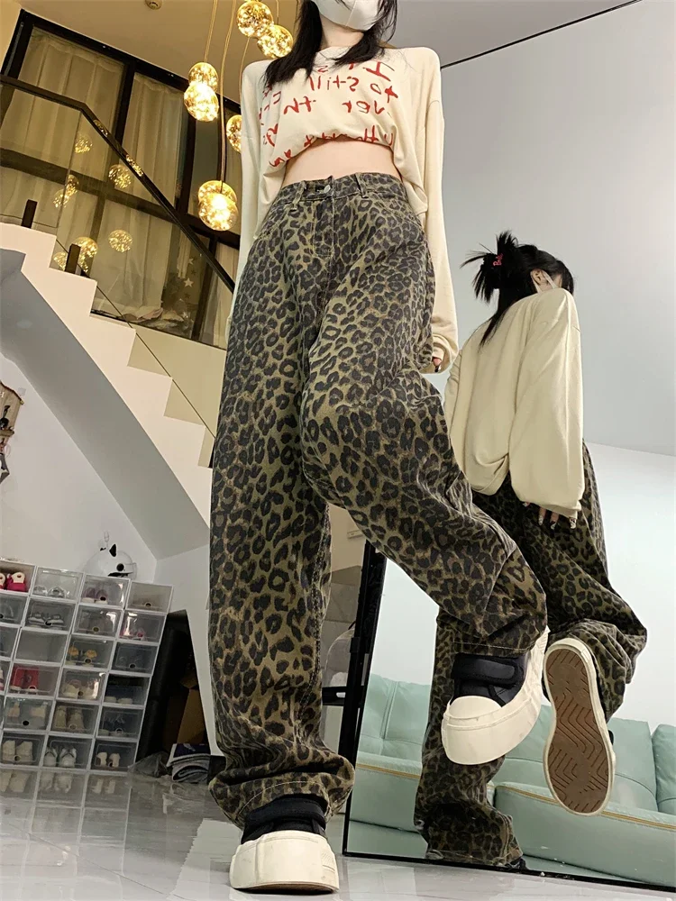 2024 Women's Style Leopard Print Denim Trousers American Vintage Street Style Jeans Casual Female High Waist Straight Pants