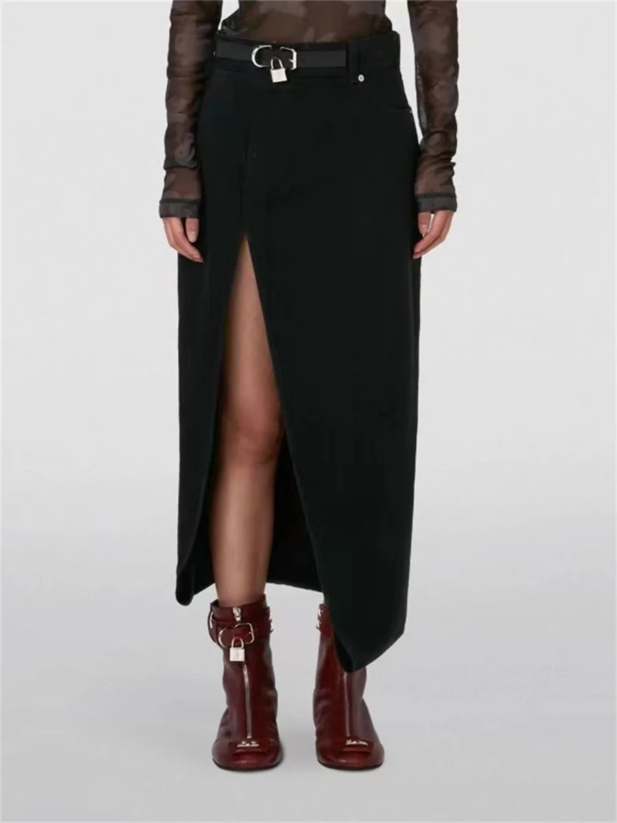 

Women's Skirt 2023 Autumn Korea Fashion High Waist Cotton Denim Skirt Padlock Decoration Split Long Skirt Woman clothing traf