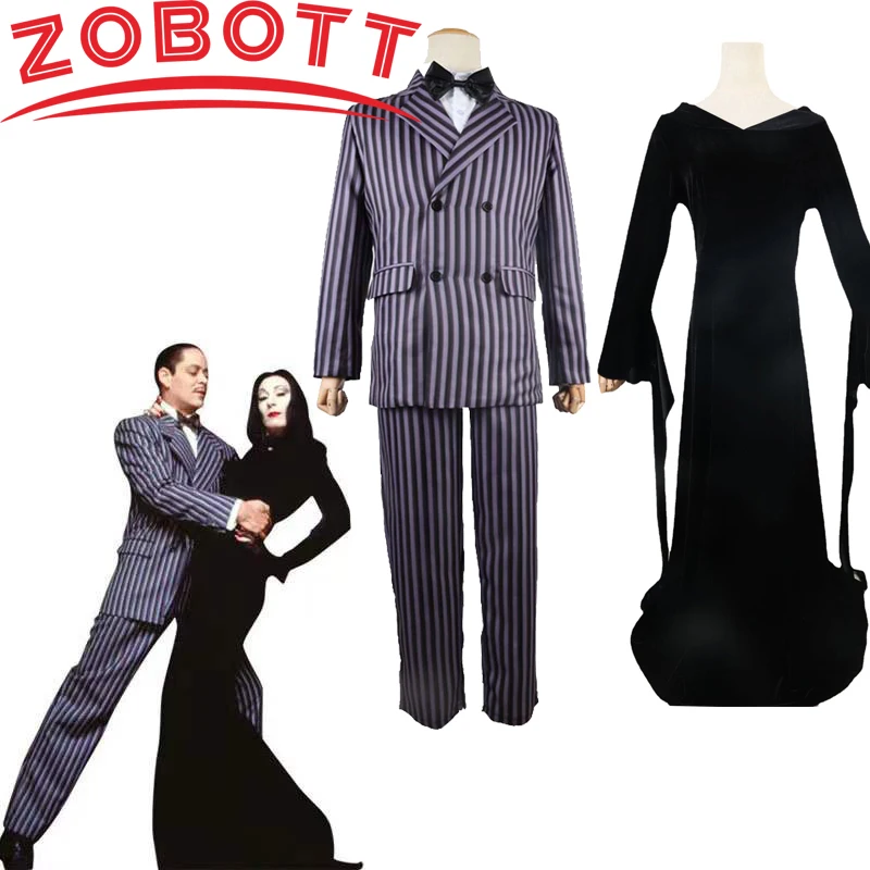 Gomez Addigs Cosplay Anime Morticia Costume Dress Carnival Outfit Adult Kid Coat Shirt Pant Tie Suit Party Uniform