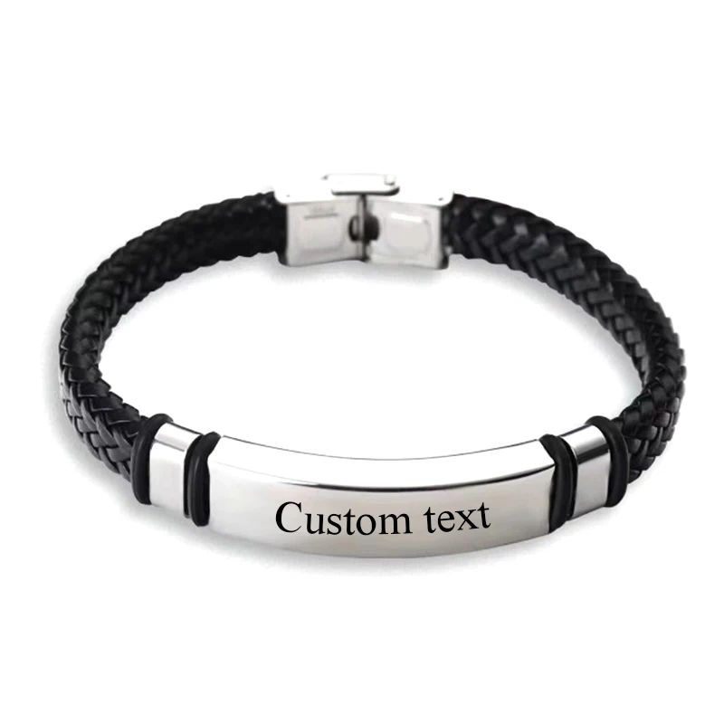 Punk 10mm Custom Text Logo Black Leather Bracelet Name Stainless Steel Bracelets For Women Men ID Bracelet 10mm punk custom text logo name red black men leather bracelet stainless steel bracelets for women id bracelet