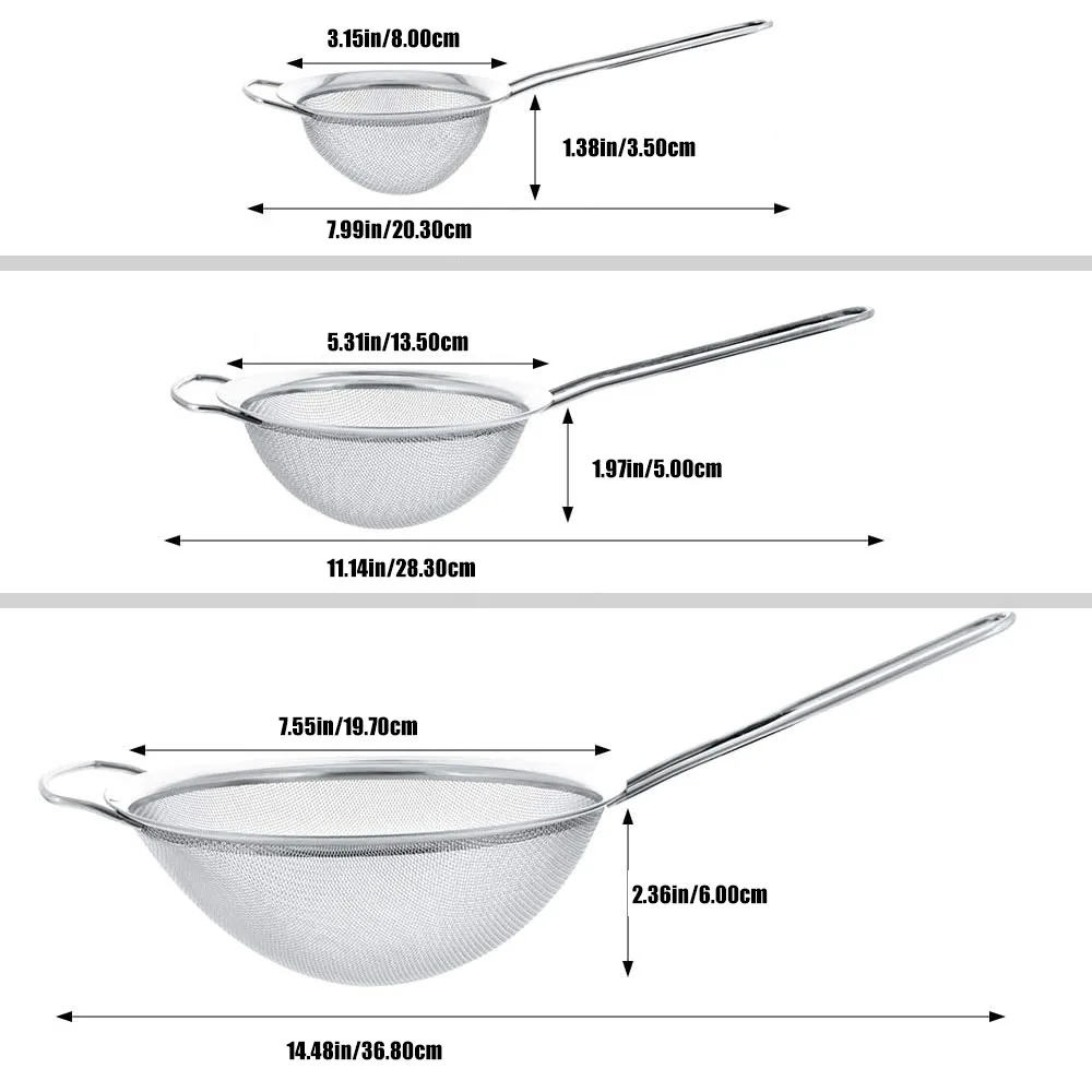 Fine Mesh Stainless Steel Strainer Sieve Egg Filter Colanders Coffee Tea Vegtables Filtering Food Kitchen Accessories Set 3Pcs tea infuser tea strainer tea filter powder sifter flour strainer coffee maker filter