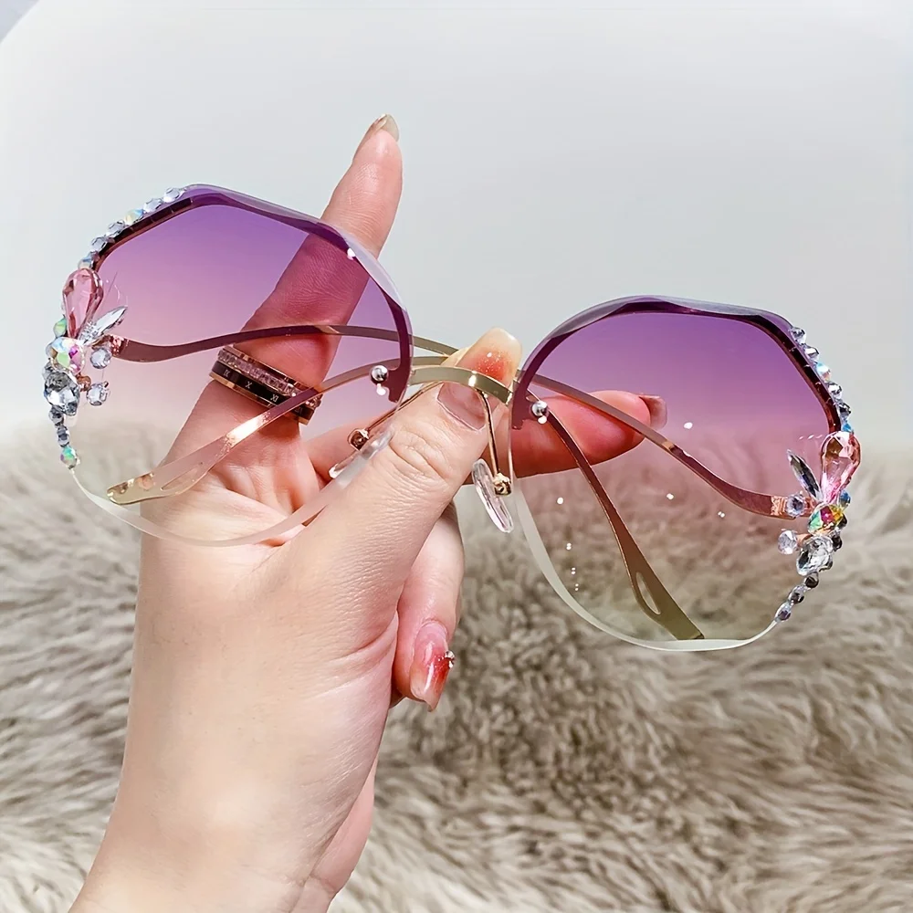 Half Rimless Round Sunglasses Rhinestone Decor Eyeglasses Women's Y2K Metal Shades  Glasses Oversized Square Eyewear - AliExpress