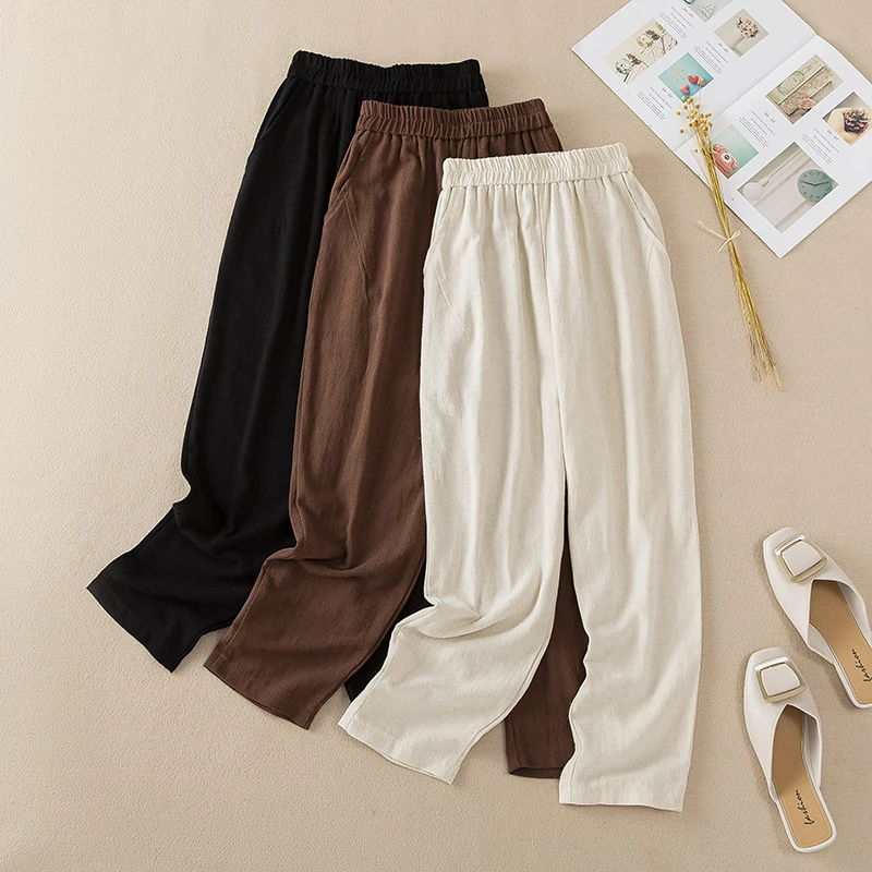 

2023 New Arrival Summer Autumn Women All-matched Cotton Linen Ankle-length Pants Casual Loose Elastic Waist Harem Pants V336
