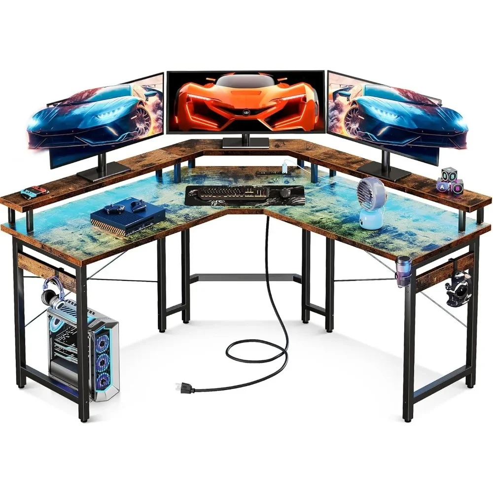 L Shaped Gaming Desk with LED Lights & Power Outlets, 51