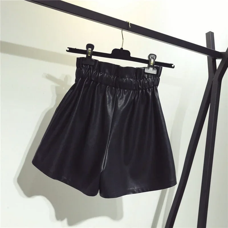 New High Waist Laced Up Shorts Flower Bud Wide Leg Leather Shorts Autumn Winter Korean Loose High Street Black Sexy Women Shorts