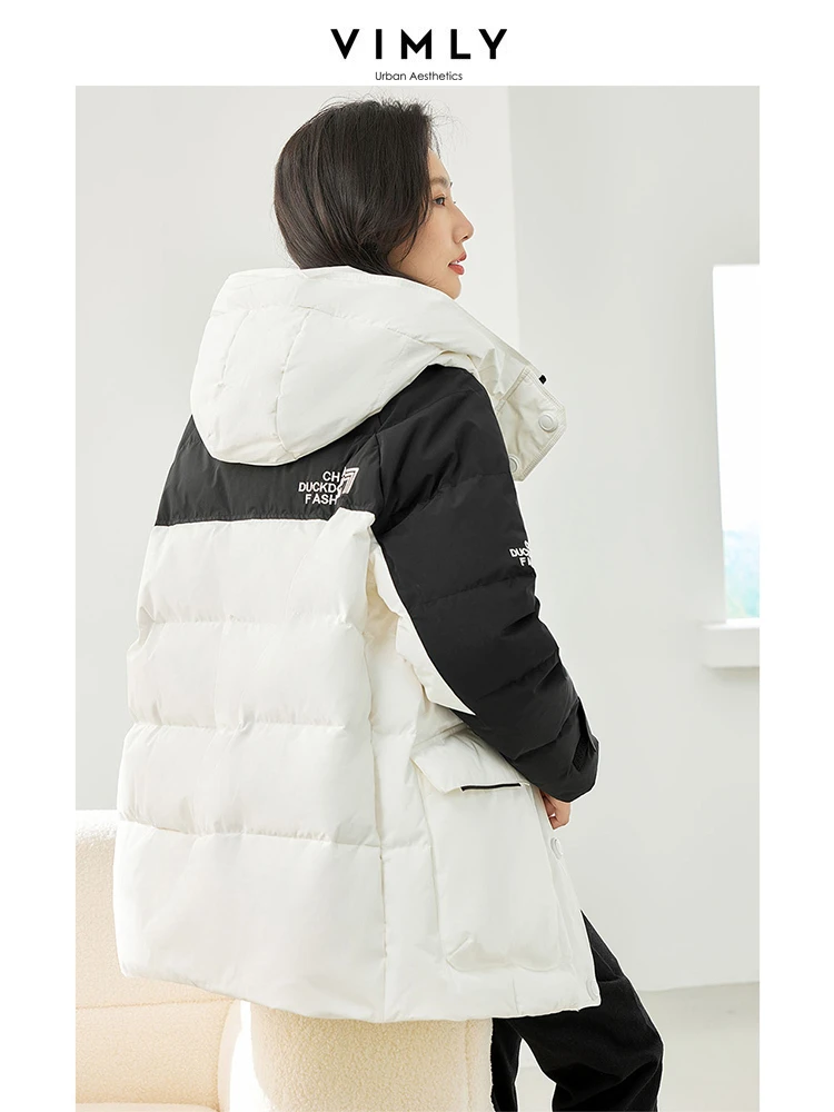 Vimly 2023 Winter Contrast Hooded Zipper Down Jackets Striped Straight Stand Collar Warm Long Down Coats Women's Outerwear 50637