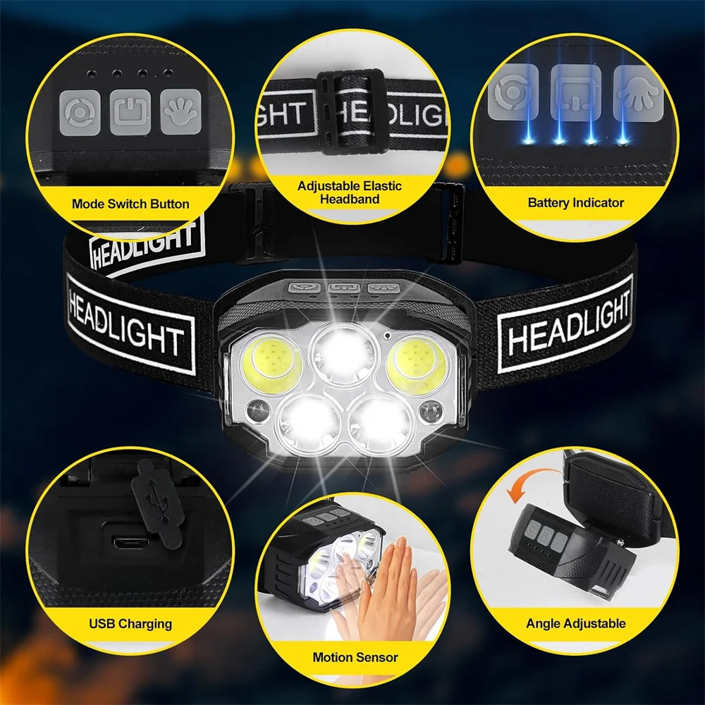 1200 Lumen Head Lamp Motion Sensor Headlamp Rechargeable LED Headlight Red Light 6 Modes Waterproof Lightweight Head Flashlight