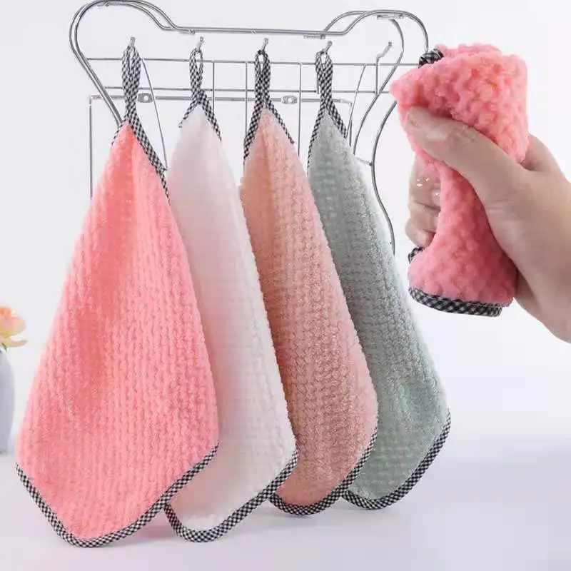 

High Density Small Hand Towel, Pineapple Hanging Kitchen Cleaning Towel, Solid Color Washing Handkerchief, 25x25cm