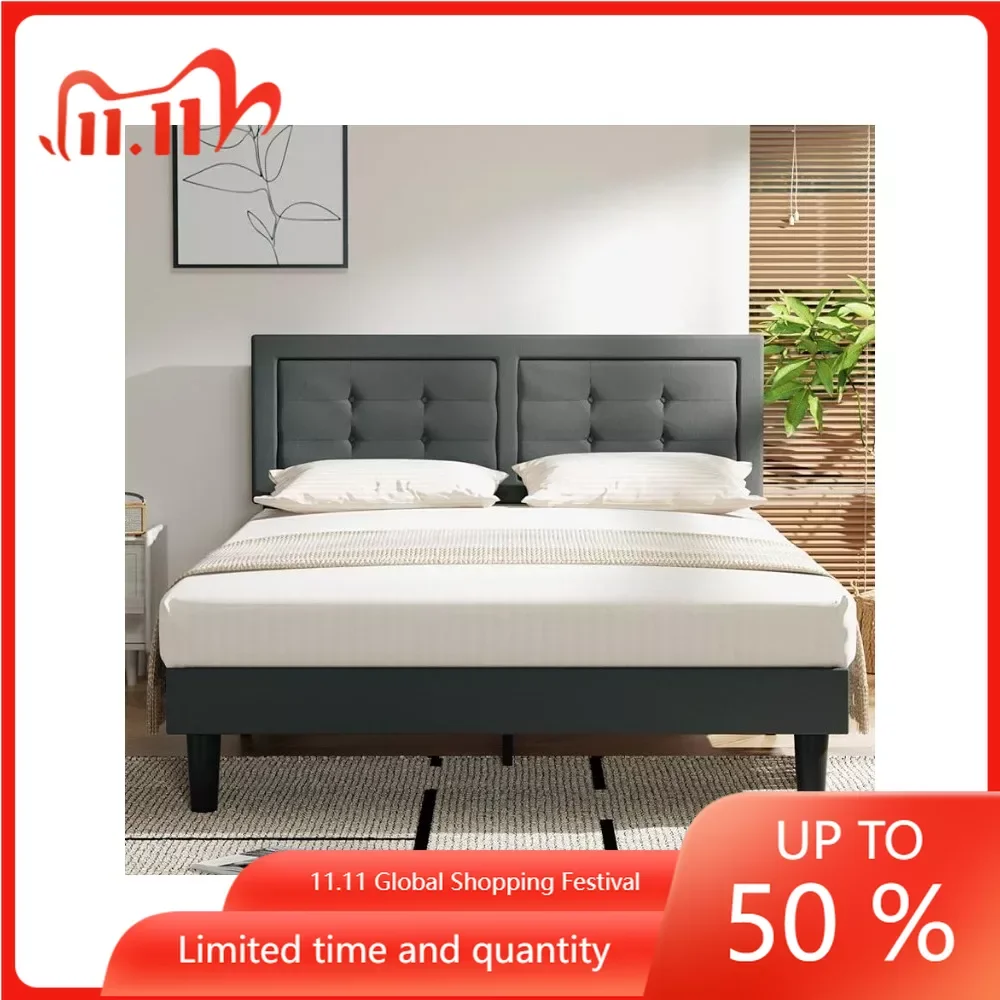 

Queen Size Upholstered Bed Frame With Height Adjustable Fabric Headboard Dark Gray Card Holder Luxury Double Beds and Furniture