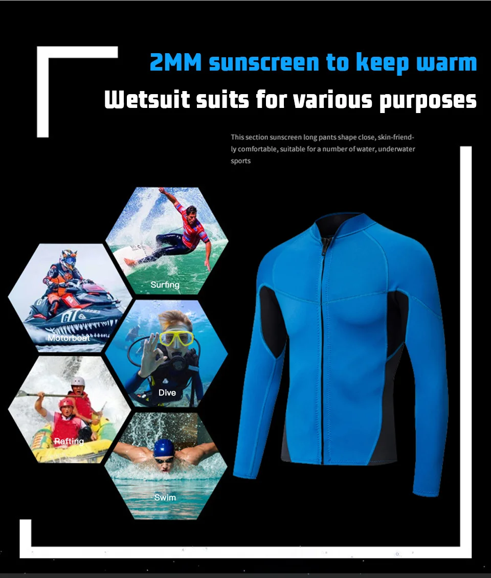 Full Zip Long Sleeve Wetsuit Jacket Watersports Dive Surfing Top