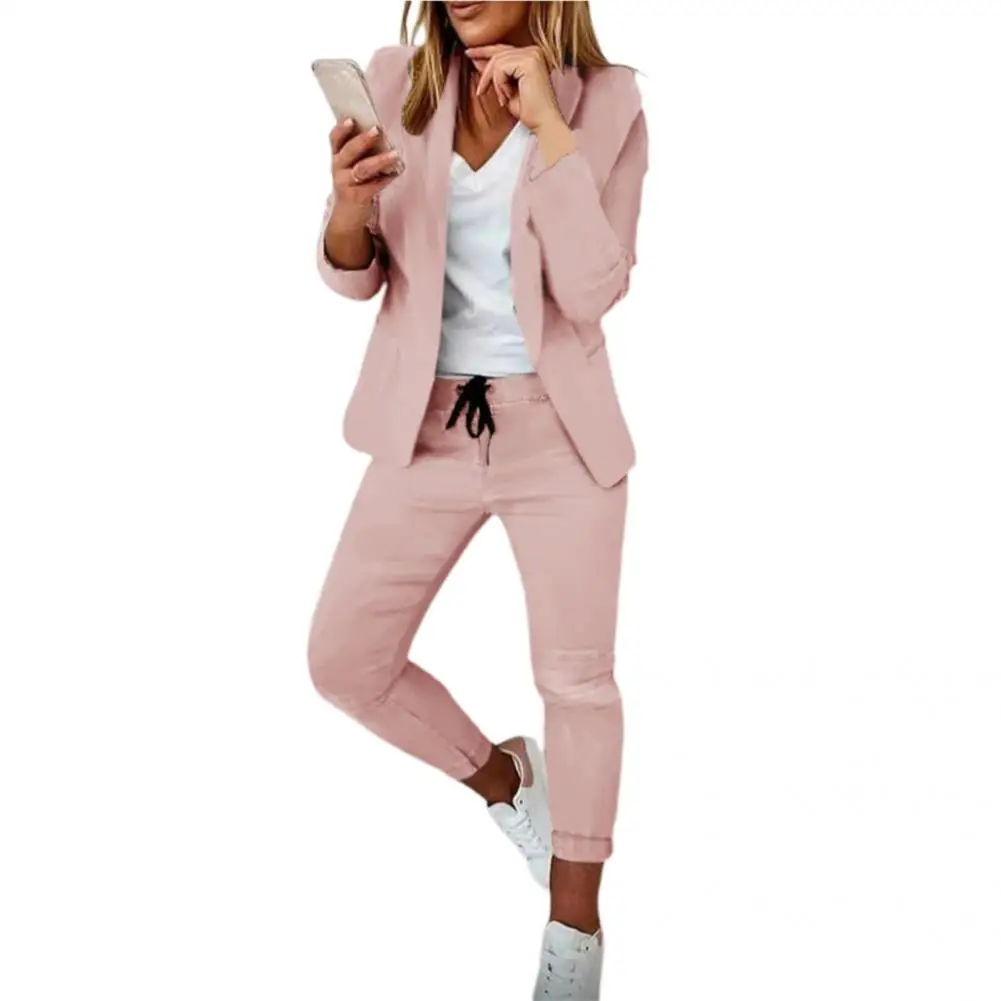 

Autumn Winter 1 Set Attractive Open Stitch Blazer Elastic Waist Trousers Outfit Formal Suit Set Solid Color for Working