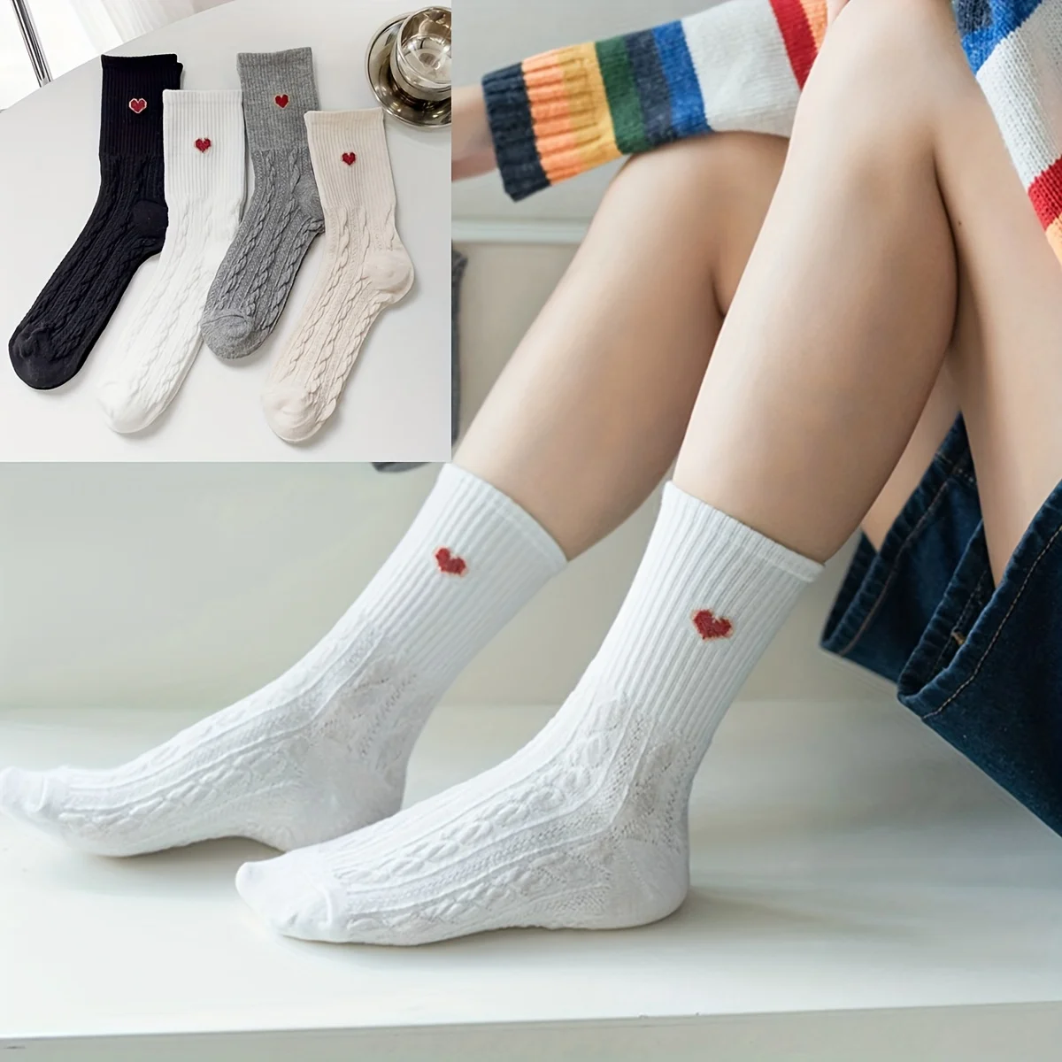 

1 Pairs of Women's Stockings with Heart-shaped Printed Socks, Comfortable and Breathable Twisted Texture Socks