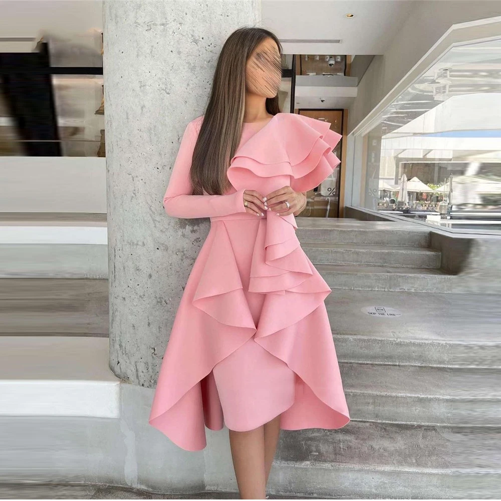 

Blush Pink Matte Satin Prom Party Dresses Vintage One Shoulder Long Sleeves Ruffles Girls Evening Dress Women Formal Gowns 2023