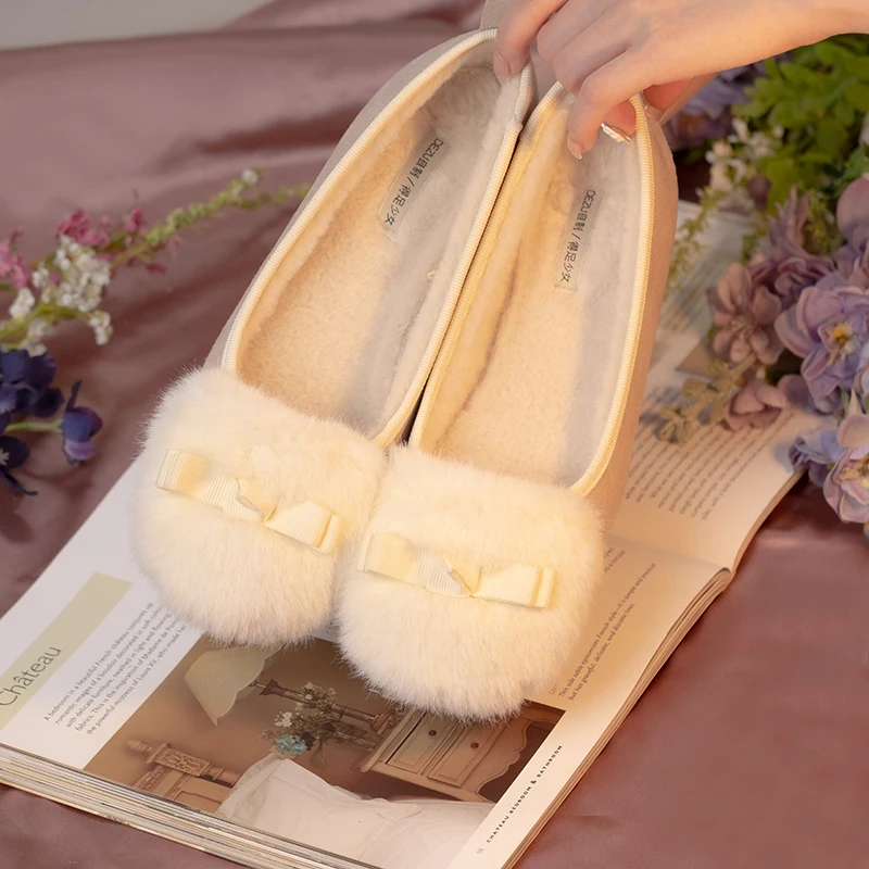 

Fairy wind plus velvet warm plush shoes outer wear women's winter flat shoes apricot color women's shoes