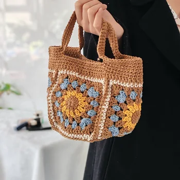 Borsa Boho Crochet da donna – Borsa tote quadrata Granny fatta a mano, borsa a tracolla retrò lavorata a maglia, borsa casual estiva