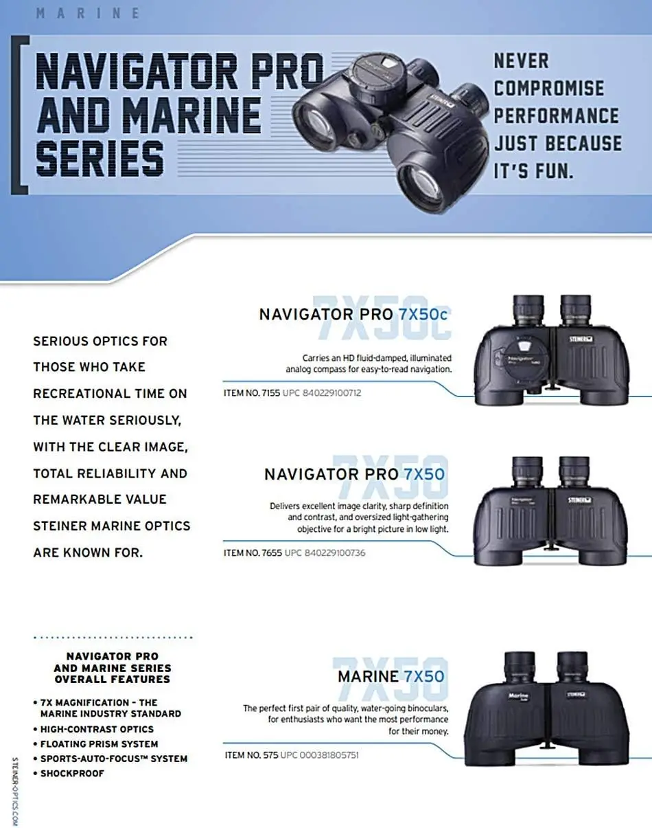 7x50 Navigator Pro Binoculars with 7X Magnification, High Contrast Optics, Floating Prism System, Sports-Auto Focus, Del