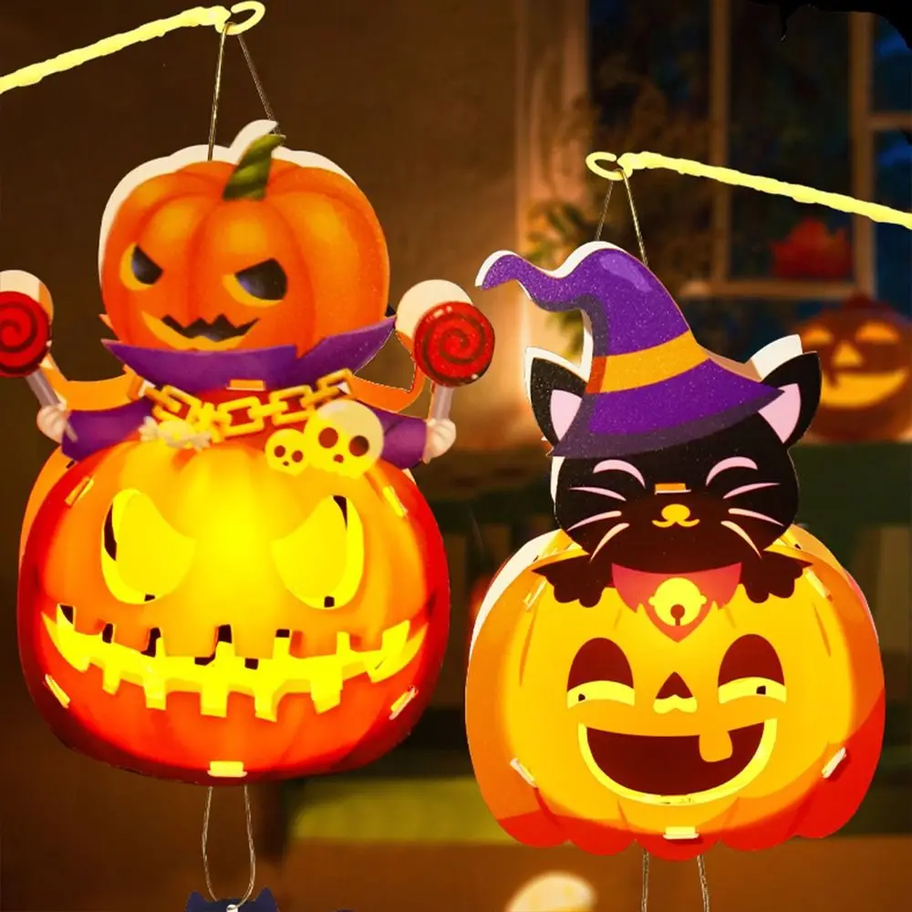 

With LED Light Halloween Lantern DIY Materials Handmade Happy Halloween Day Halloween Pumpkin Lantern Luminous Glowing