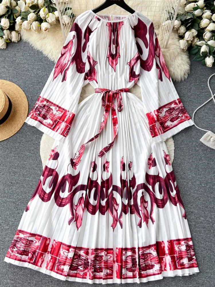 

French Style Autumn Floral Print Dress Women Casual A-Line Beach Vacation Long Maxi Vestidos Elegant Chic Female Robe Clothings