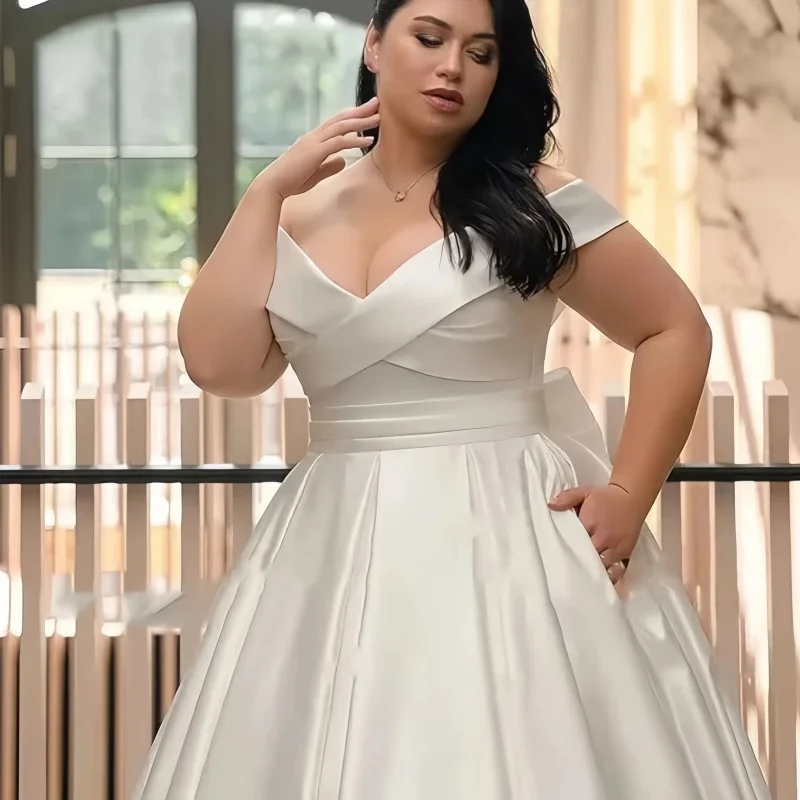 Satin V Neck Plus Size Wedding Dresses Off The Shoulder Lace Up Back Big Bow Pleated Bridal Gown with Pockets and Court Train 3