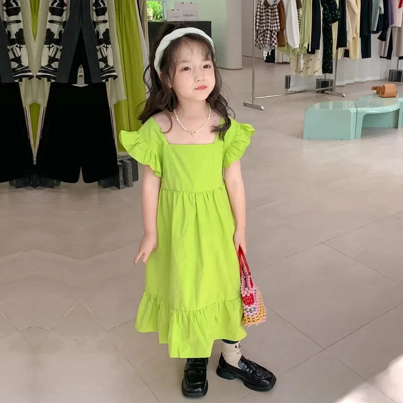 Clothing Dress Summer 2-7year old Beibei Korean version flower edge Open Back Christmas Halloween party Fashionable Girl clothes