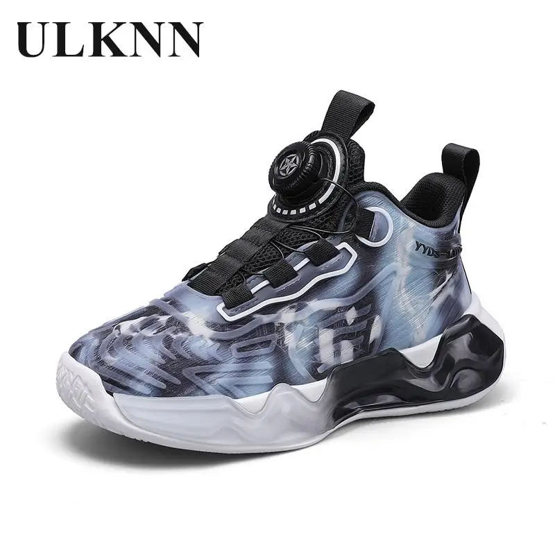 Boy Rotating Buckle Basketball Shoes Children's  Sneakers Boys Shoes Cuhk Run Button Shoe Sneakers Breathable Mesh Running Shoes