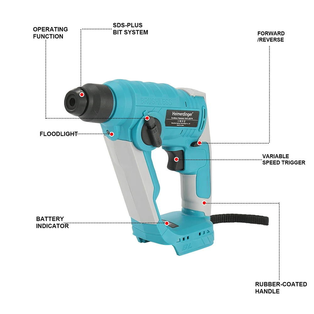 Cordless Brushless 1-1/8" SDS-Plus Rotary Hammer Drill-2-in-1 Multi-functional Heavy Duty Hammer Drill with 2.0J impact energy 2