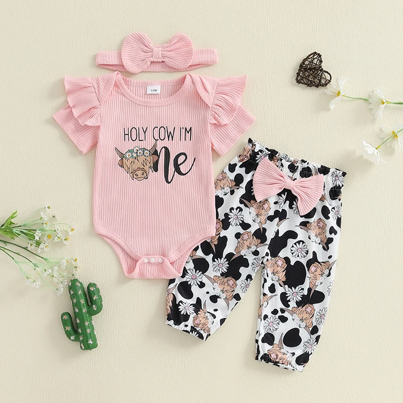 Baby Girls 3PCS Pants Sets Short Sleeve Letter Print Romper Cattle Head Print Pants Headband Sets