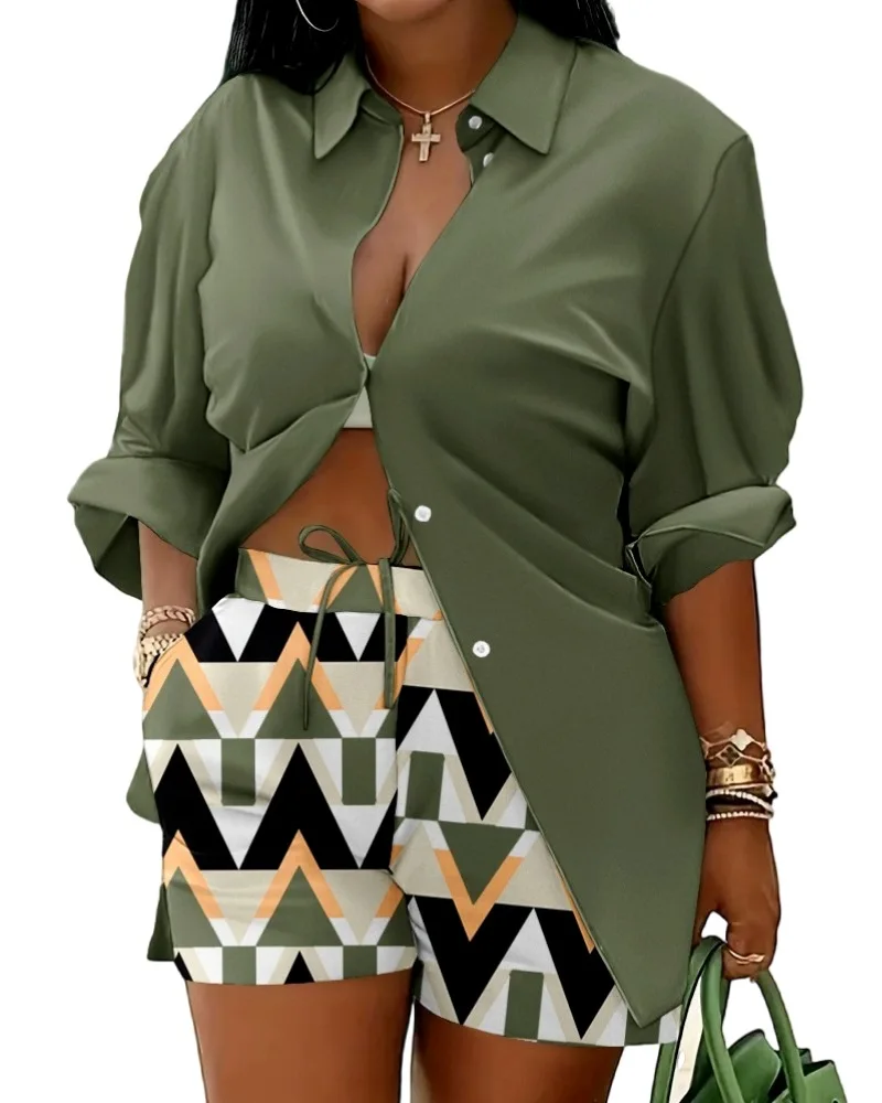 

2023 Autumn New Women's Shorts Set Long Sleeve Shorts Print Leisure Commuter Two Piece Set for Women
