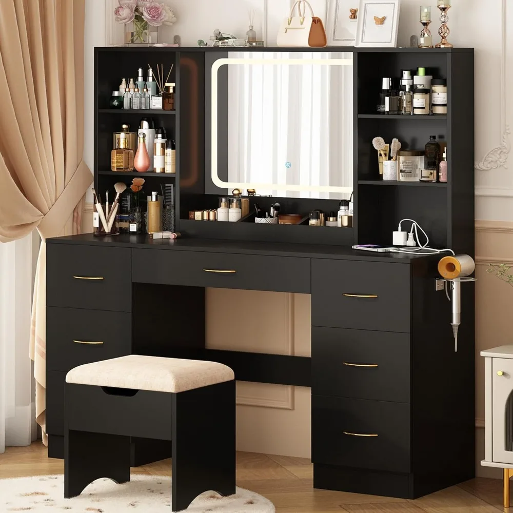 47" Large Vanity Desk with Mirror and Lights, LED Black Vanity Set with Stool and Power Outlet, Lighted Make up Vanity Desk with
