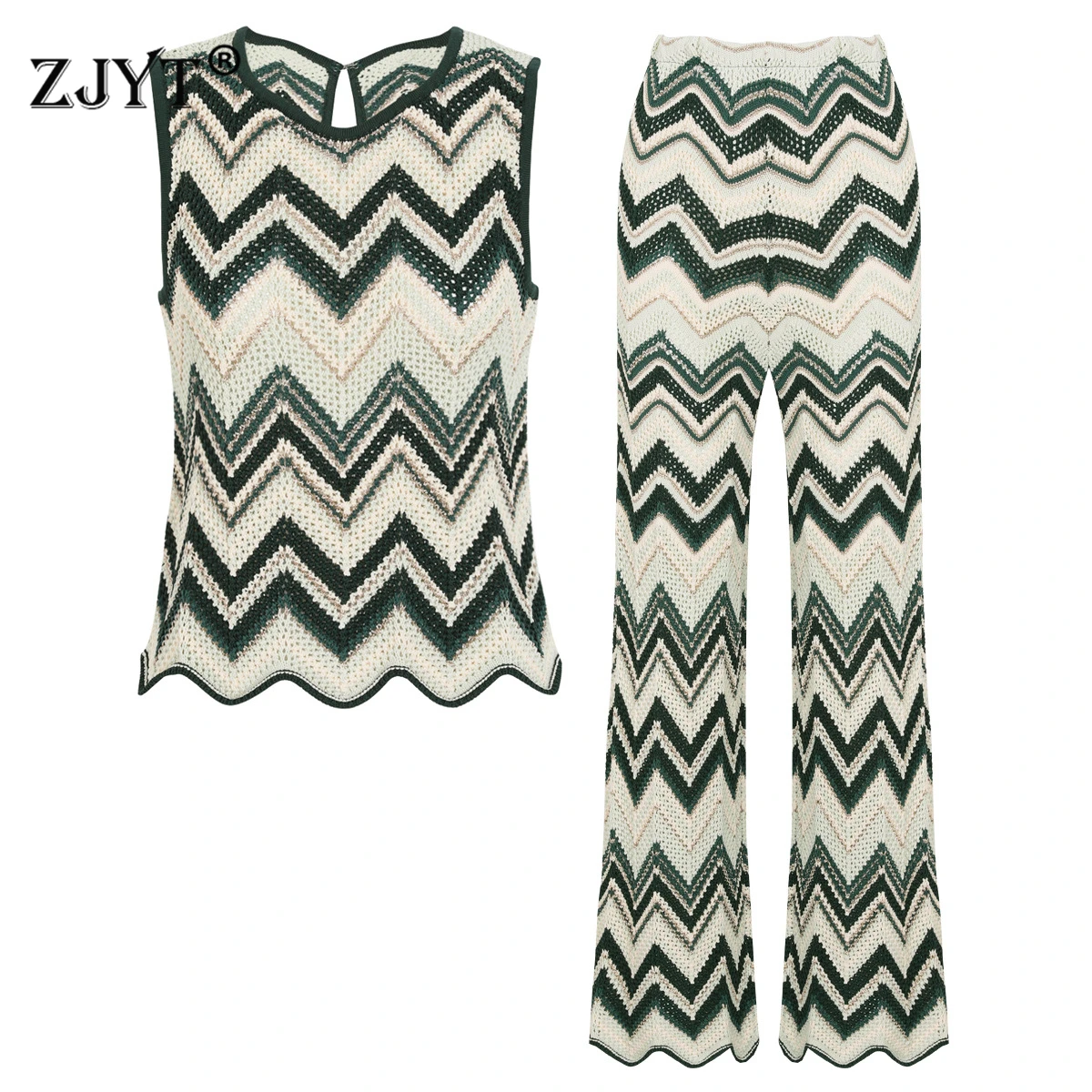 ZJYT Summer New Women's Sleeveless Knitted Tops Pullover Vest Striped Fashion Retro Casual Beach Holiday Long Pants Knitwears 1