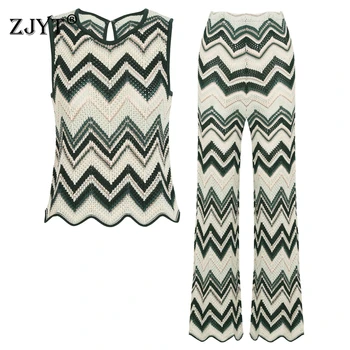 ZJYT Summer New Women's Sleeveless Knitted Tops Pullover Vest Striped Fashion Retro Casual Beach Holiday Long Pants Knitwears 1