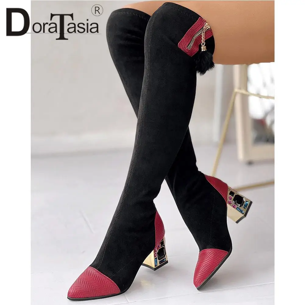 Brand New Ladies Pointed Toe Thigh High Boots Fashion Patchwork Chunky Heel women's Over The Knee Boots Casual Party Woman Shoes