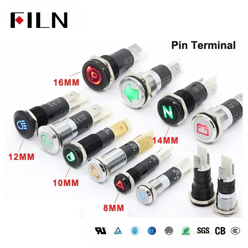 FILN 8/10/12/14/16mm Symbol Metal LED Indicator light 2-Pin 12V 24V Black shell Indicator Lamp Car Dashboard pilot Lights - Image 2