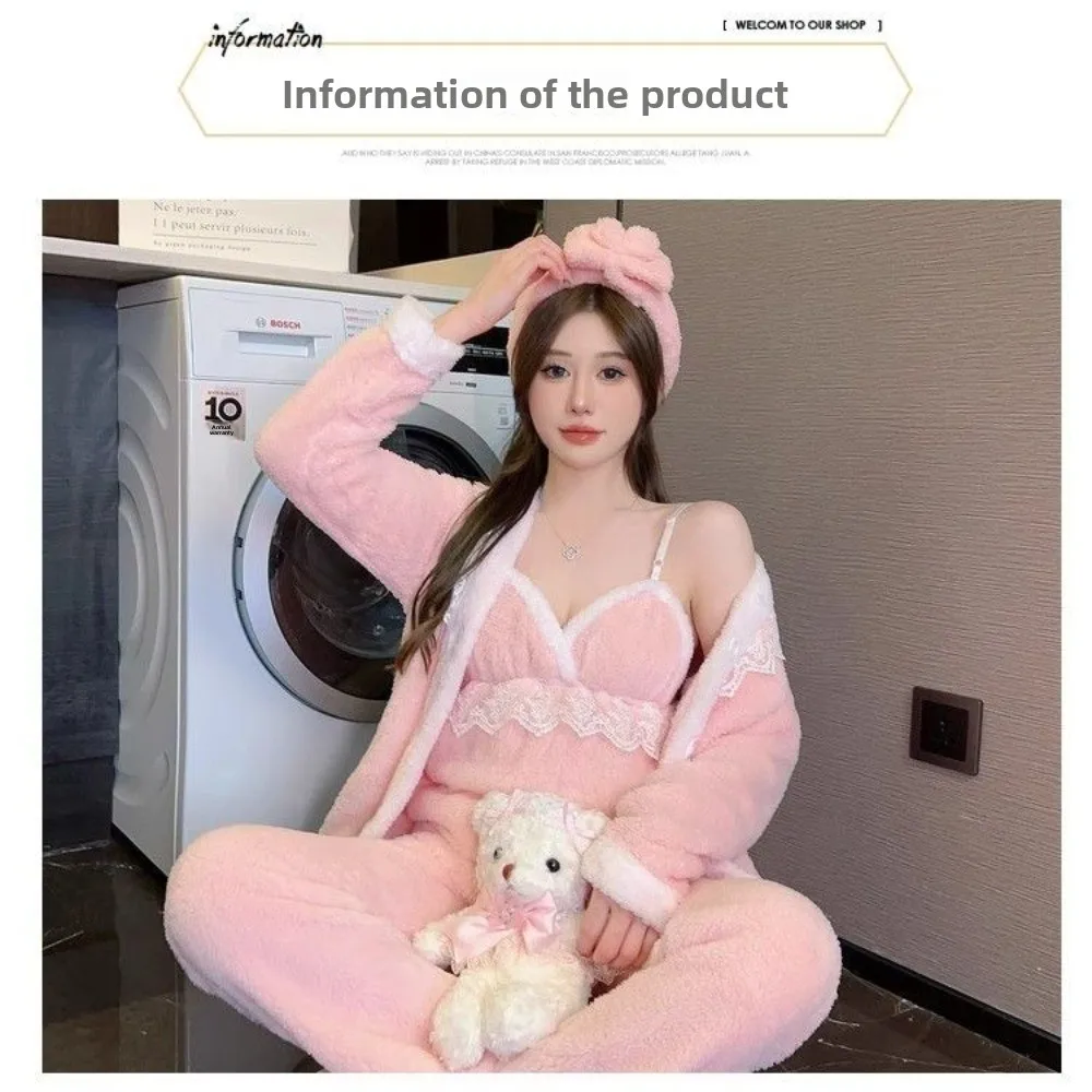 Sexy Hosenträger-Korallenfleece-Loungewear, kann draußen getragen werden, dreiteiliges Set, Spitzen-Pyjama, Damen-Winterkleidung – Detail 6