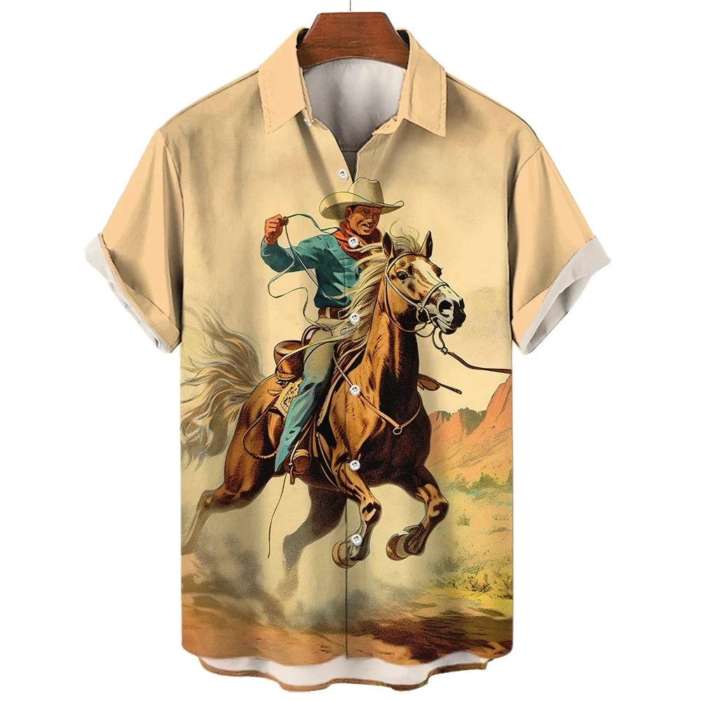 thumbnail image 1 of Camisa retro de vaquero occidental con estampado 3D para hombre, manga corta, solapa, botones clásicos, moda urbana, ropa de verano, extra grande, 1 of 5