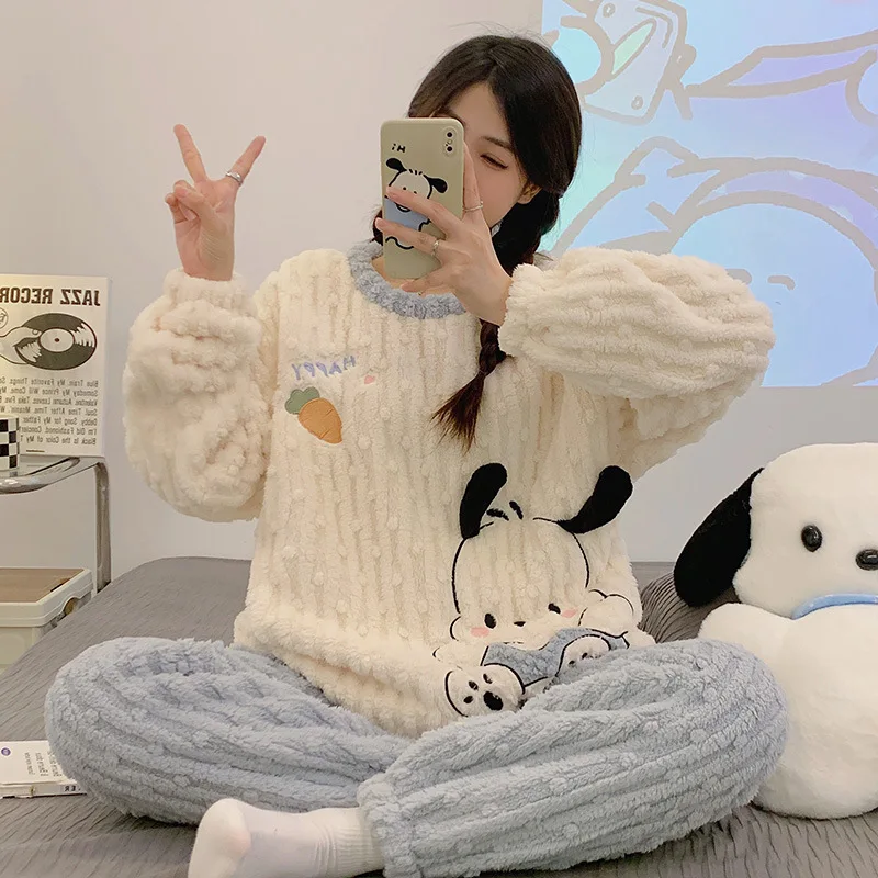 

Sanrio Anime Pochacco Plush Pajama Autumn Winter Coral Fleece Keep Warm Thicken Long Sleeve Trouser Nighty Kawaii Girl Gift