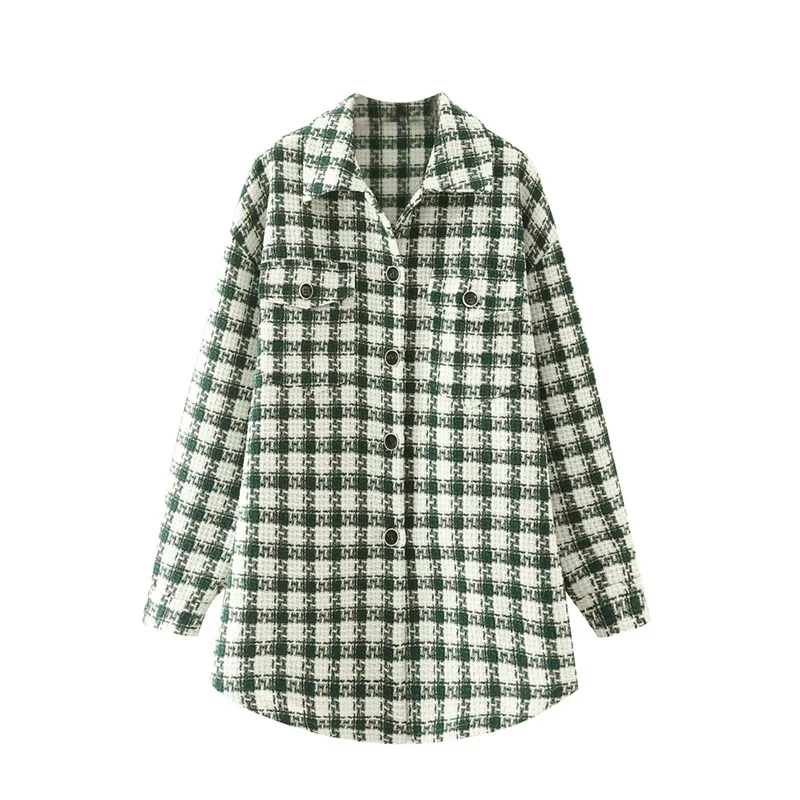 

Autumn Women's Plaid Shirts Loose Vintage Blouses Pocket Long Sleeve Tops Button Fashion Coat Lapel Shirt Ladies Korean Jacket