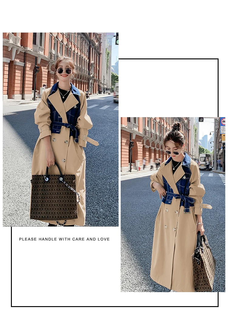 Fashion Long Double-Breasted Trench Coat For Women With Denim Patckwork Lady Duster Coat Windbreaker Spring Autumn Khaki Beige womens long black puffer coat