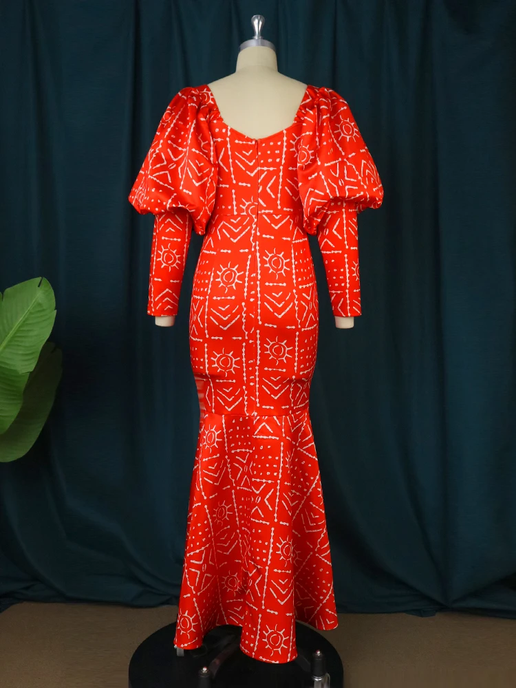 Red Printed Dresses for Women Plus Size 4XL Long Lantern Sleeve Package Hip Mermaid Long Prom Evening Birthday Event Party Gowns