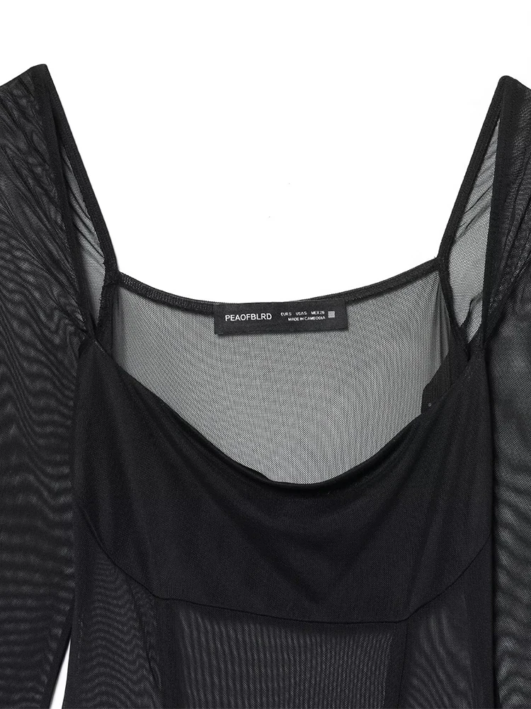 Chic Mesh Splicing Long Dresses for Women Long Sleeve Midi Dress 2025 New Fashion Female Elegant Party Dresses